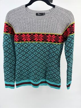 NWOT Neve Cable Knit and Fair Isle Ski Sweater in 90s Teal Red and Grey